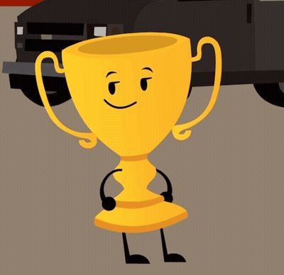 A Yellow Trophy With A Sad Face Is Standing Next To A Brown Box GIF