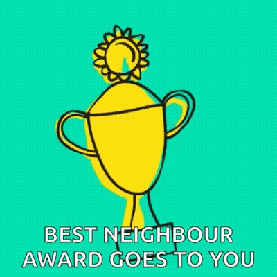 A Yellow Trophy With A Sun On Top Of It And The Words `` Best Neighbour Award Goes To You '' . GIF