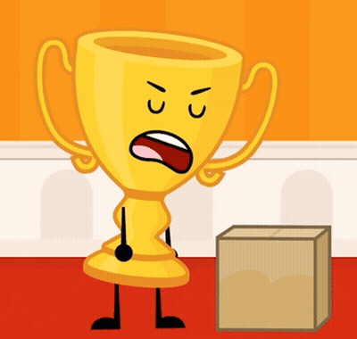 A Yellow Trophy With An Angry Face Is Standing Next To A Brown Box GIF