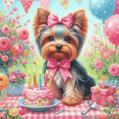 A Yorkshire Terrier With A Pink Bow Is Sitting Next To A Birthday Cake GIF