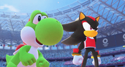A Yoshi And Shadow Are Standing Next To Each Other GIF