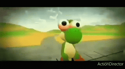 A Yoshi Doll Is Standing On A Road In A Video Game . GIF
