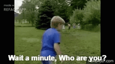 A Young Boy In A Blue Shirt Is Standing In A Grassy Field And Asking Who Are You . GIF