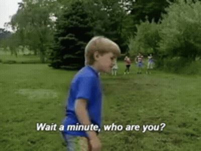 A Young Boy In A Blue Shirt Is Standing In A Grassy Field And Says Wait A Minute Who Are You . GIF