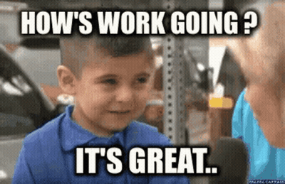 A Young Boy In A Blue Shirt Is Talking To A Woman And Says How 'S Work Going ? It 'S Great GIF