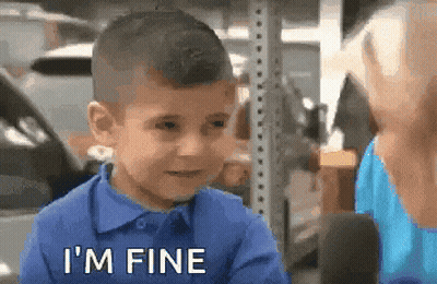 A Young Boy In A Blue Shirt Says " I 'M Fine " GIF