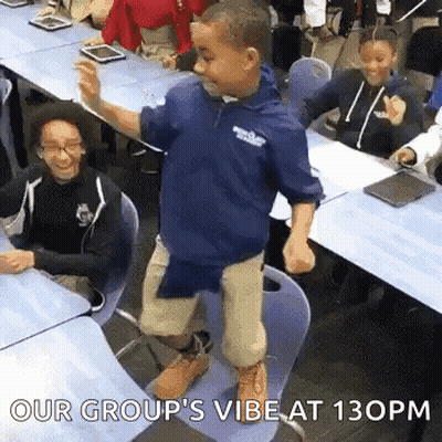 A Young Boy Is Dancing In A Classroom In Front Of A Group Of Students . GIF