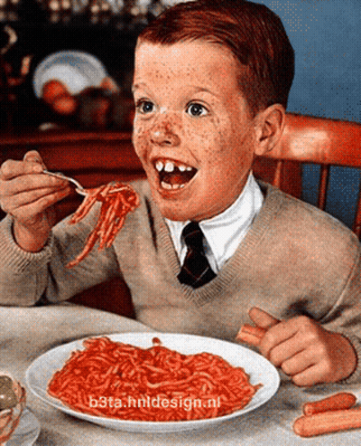 A Young Boy Is Eating Spaghetti With A Fork And A Plate Of Spaghetti With Beta.htmldesign.nl Written On It GIF