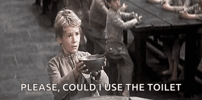 A Young Boy Is Holding A Bowl Of Food And Asking For A Toilet . GIF