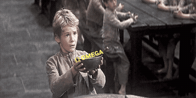 A Young Boy Is Holding A Bowl That Says Omega On It GIF