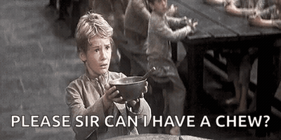 A Young Boy Is Holding A Bowl With A Spoon In It And Asking If He Can Have A Chew . GIF