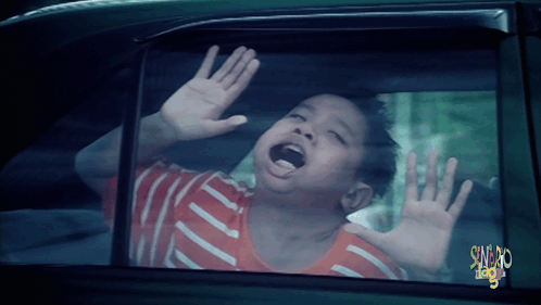 A Young Boy Is Looking Out Of A Car Window With The Words Sundays Too On The Bottom GIF