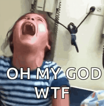 A Young Boy Is Screaming With His Mouth Open And The Words Oh My God Wtf Written On The Bottom . GIF