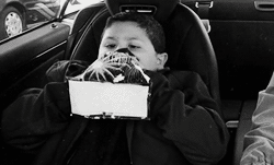 A Young Boy Is Sitting In A Car Seat Holding A Box That Says ' Christmas ' On It GIF
