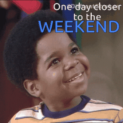 A Young Boy Is Smiling With The Words One Day Closer To The Weekend Behind Him GIF