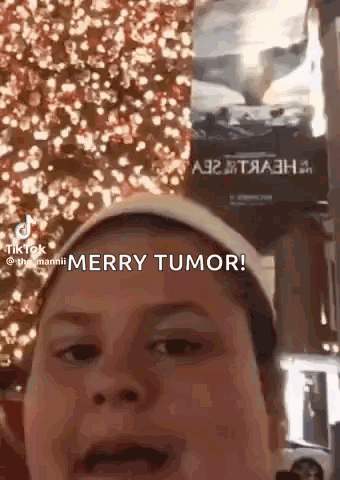 A Young Boy Is Standing In Front Of A Christmas Tree And Says Merry Tumor . GIF