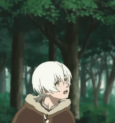 A Young Boy Is Standing In The Middle Of A Forest Looking Up At The Sky . GIF