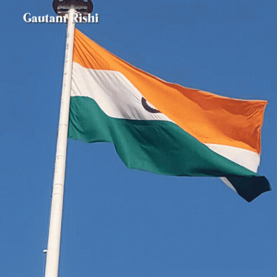 A Young Boy Salutes In Front Of A Flag And The Name Gautam Rishi GIF