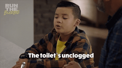 A Young Boy Says The Toilet 'S Unclogged In A Run The Burbs Advertisement GIF