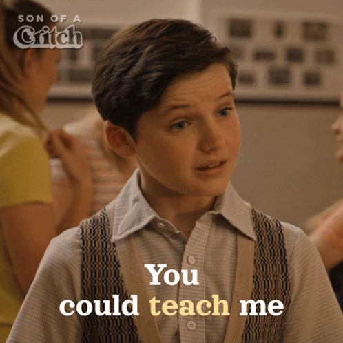 A Young Boy Says You Could Teach Me In Front Of A Poster For Son Of A Glitch GIF