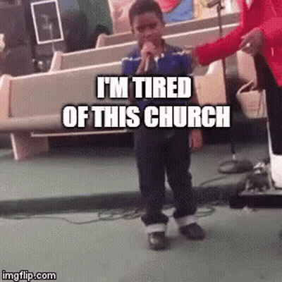 A Young Boy Singing Into A Microphone In A Church With The Caption I 'M Tired Of This Church GIF