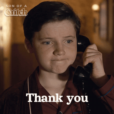 A Young Boy Talking On A Phone With The Words Thank You Behind Him GIF