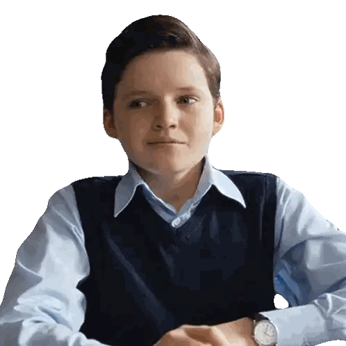 A Young Boy Wearing A Blue Shirt And A Black Vest Looks At The Camera Sticker