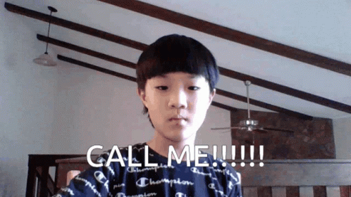 A Young Boy Wearing A Champion Shirt Says " Call Me " GIF