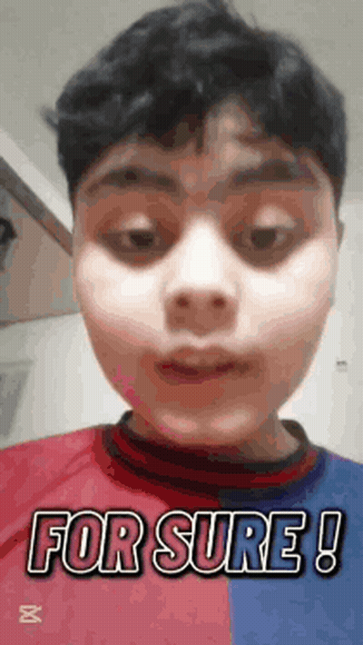 A Young Boy Wearing A Red And Blue Shirt Is Making A Funny Face . GIF