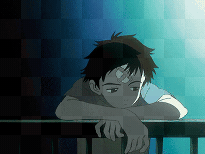 A Young Boy With A Bandage On His Forehead Leans Over A Railing GIF