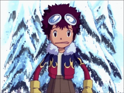 A Young Boy With A Purple Hair And Goggles Stands In Front Of A Snowy Mountain GIF