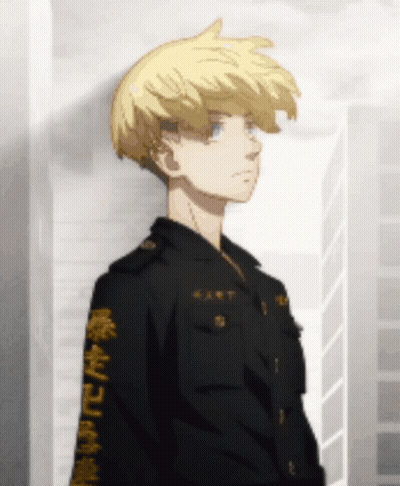 A Young Boy With Blonde Hair Is Wearing A Black Jacket With Chinese Writing On The Sleeves . GIF