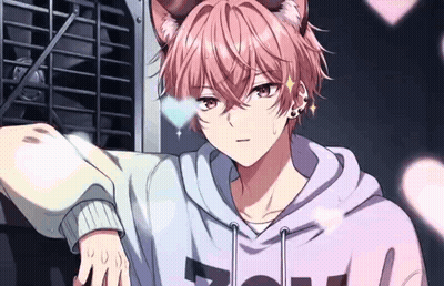 A Young Boy With Pink Hair And Cat Ears Is Wearing A Hoodie And Earrings . GIF