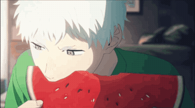 A Young Boy With White Hair Is Eating A Slice Of Watermelon GIF