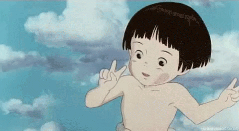 A Young Boy Without A Shirt Is Giving A Peace Sign . GIF