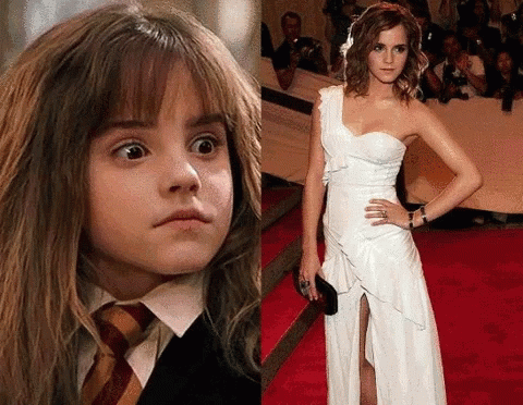 A Young Girl In A School Uniform And A Young Woman In A White Dress On A Red Carpet .. GIF