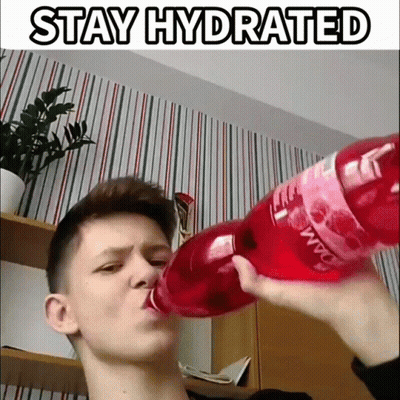 A Young Man Drinking From A Red Bottle With The Words Stay Hydrated Written Above Him GIF