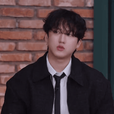 A Young Man In A Black Jacket And Tie Is Standing In Front Of A Brick Wall . GIF