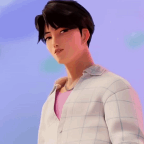 A Young Man In A Plaid Shirt And A Pink Shirt Is Standing In Front Of A Purple Background . GIF