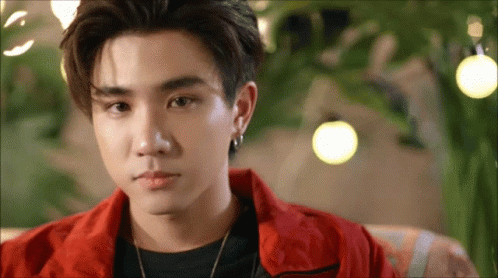 A Young Man In A Red Jacket Is Sitting On A Couch Looking At The Camera . GIF