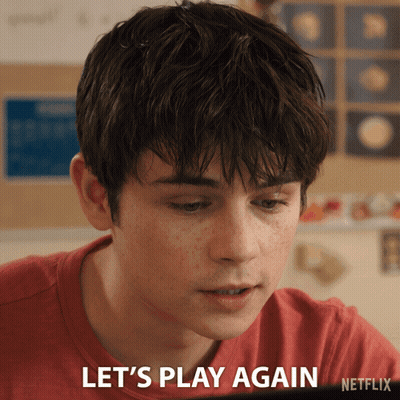 A Young Man In A Red Shirt Is Saying Let 'S Play Again GIF