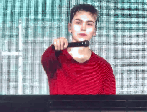 A Young Man In A Red Striped Shirt Is Standing In Front Of A Screen And Holding A Microphone . GIF