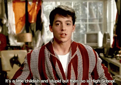 A Young Man In A Striped Sweater Says " It 'S A Little Childish And Stupid But Then So Is High School " GIF