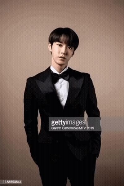A Young Man In A Tuxedo And Bow Tie Is Posing For A Portrait . GIF