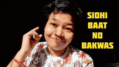 A Young Man Is Making A Funny Face In Front Of A Sign That Says Sidhi Baat No Bakwas GIF