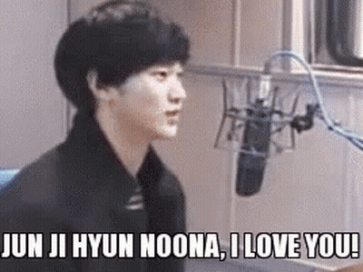 A Young Man Is Sitting In Front Of A Microphone And Saying `` Jun Ji Hyun Noona , I Love You '' . GIF