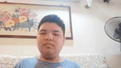 A Young Man Is Sitting On A Couch In Front Of A Fan And A Painting Of Flowers On The Wall . GIF