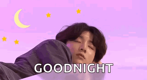 A Young Man Is Sleeping In Front Of A Purple Background With The Words `` Goodnight '' . GIF