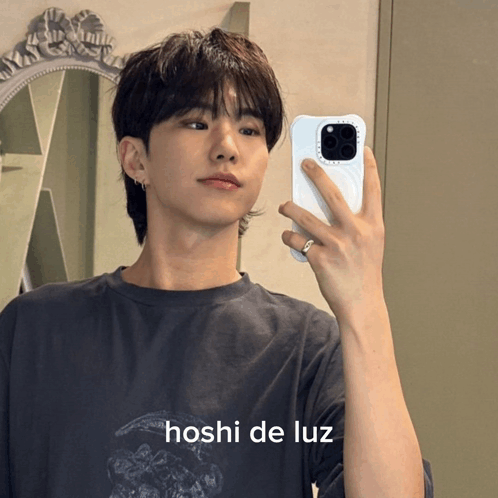 A Young Man Is Taking A Picture Of Himself In A Mirror With The Name Hoshi De Luz Written Below Him GIF