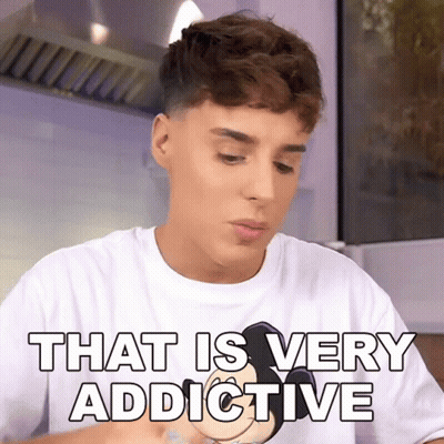 A Young Man Is Wearing A White Shirt That Says " That Is Very Addictive " GIF